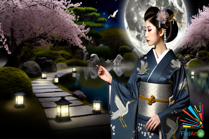 Midnight Elegance: Woman in Blue Kimono Amidst Cherry Blossoms in Moonlit Japanese Garden