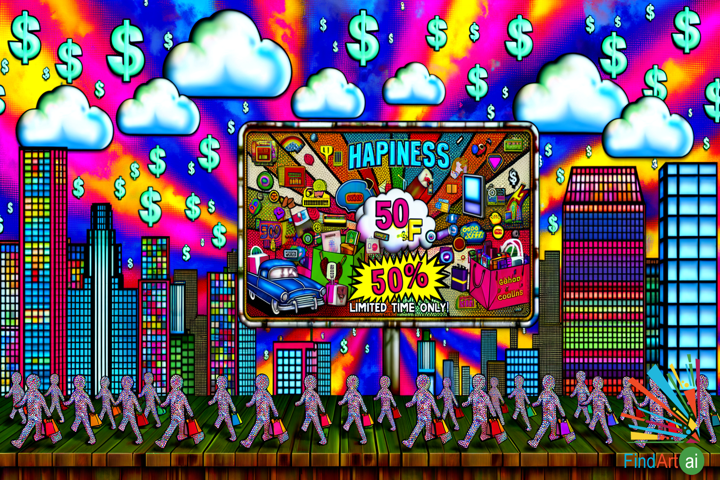 Pop Art Cityscape Critiques Consumerism: 'Happiness 50% Off!' in Neon Skies