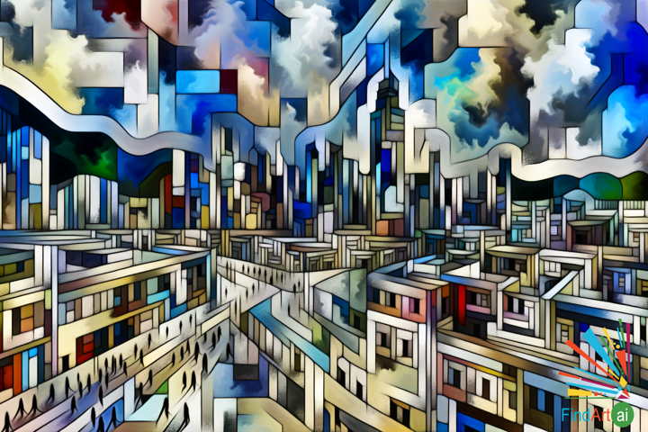 Dynamic Cubist Cityscape: Vibrant Skyscrapers and Abstract Figures in Motion