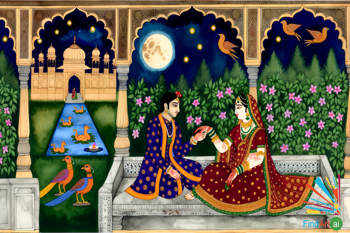 Whispers of Eternal Love: Indian Miniature Painting of Timeless Romance in a Moonlit Garden