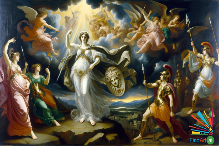 Baroque Masterpiece: Athena's Triumph on Olympus in Dramatic Chiaroscuro and Dynamic Motion