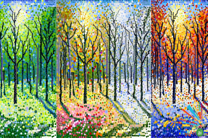 Pointillism Masterpiece: Seasons of a Changing Forest in Vibrant Dots
