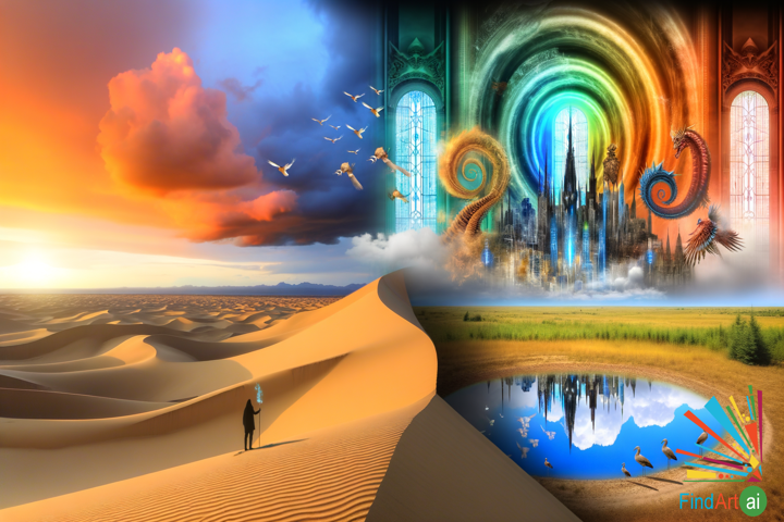 Surreal Desert Mirage: Spirals of a City, Kaleidoscope Sky, and a Mirror to Serenity