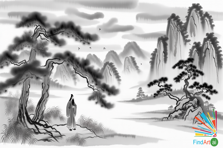 Whispering Pines: A Dance with Nature - Serenity in Chinese Ink Art