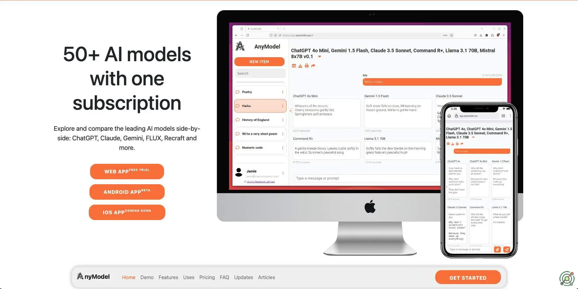 An all-in-one AI platform that enables users to access and compare outputs from over 50 leading AI models, including ChatGPT, Claude, Gemini, and FLUX, through a single account.