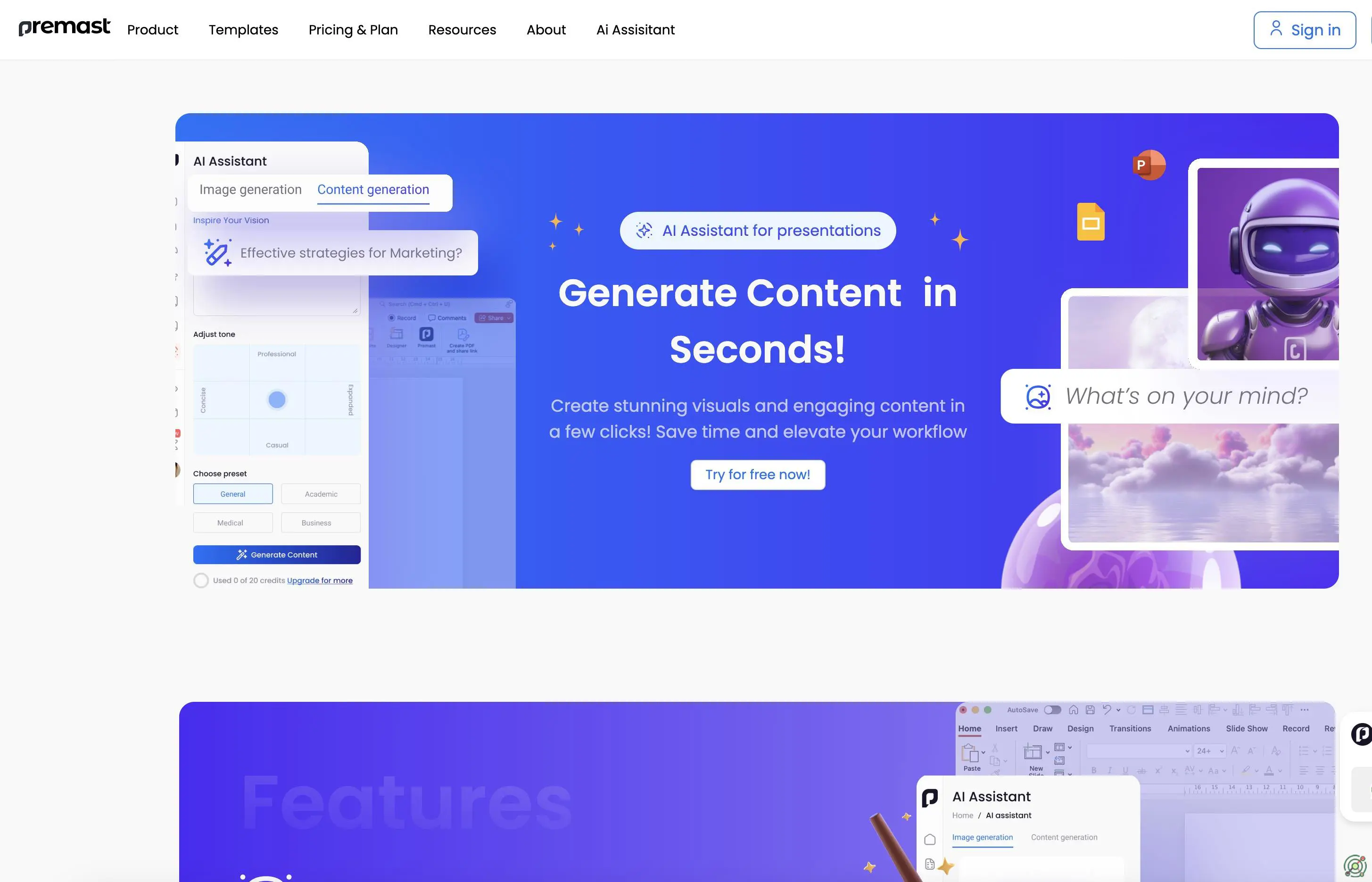AI-powered tool for generating presentation content and visuals directly within PowerPoint and Google Slides.