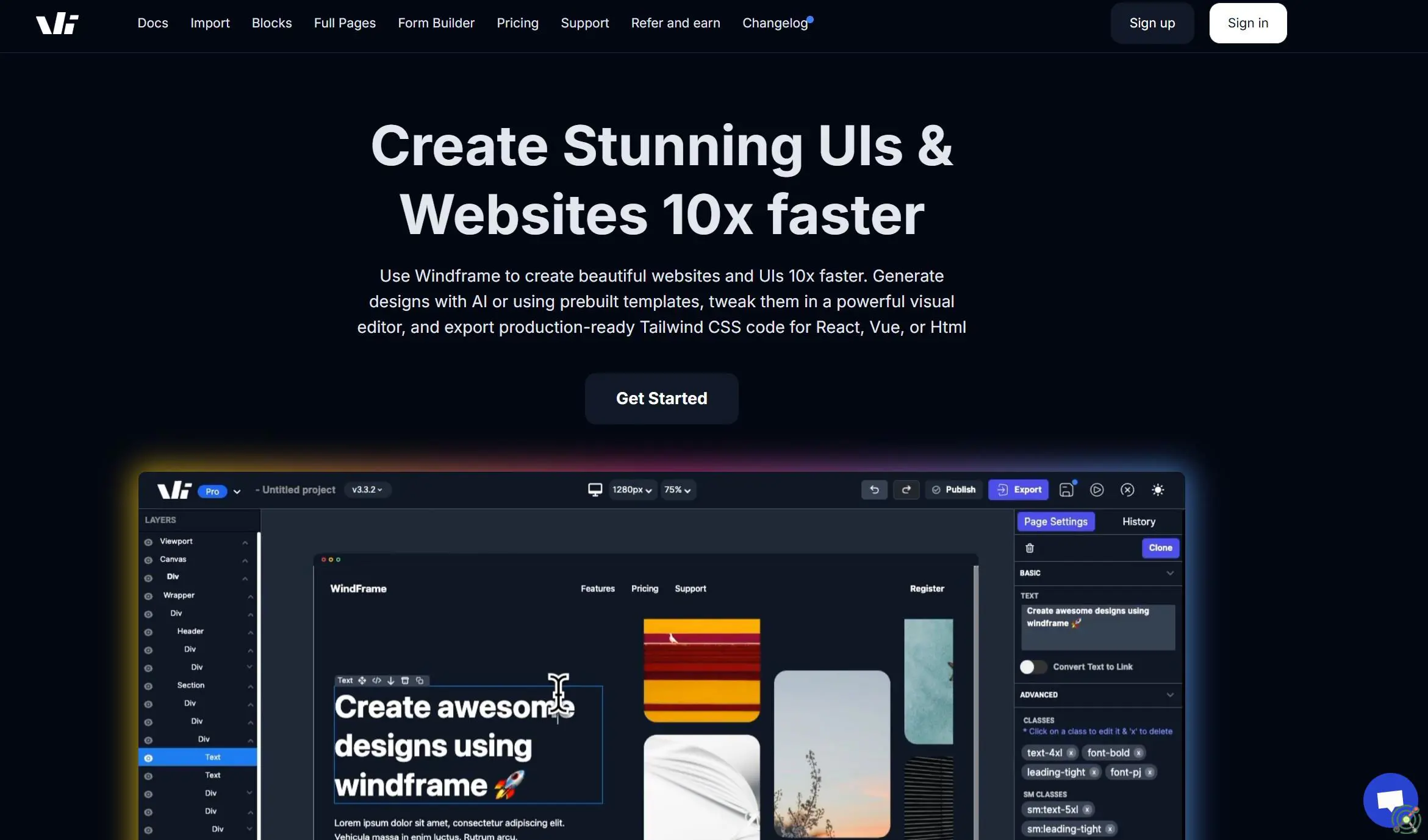 AI-powered Tailwind CSS builder for rapid UI design, prototyping, and code export to HTML, React, or Vue.