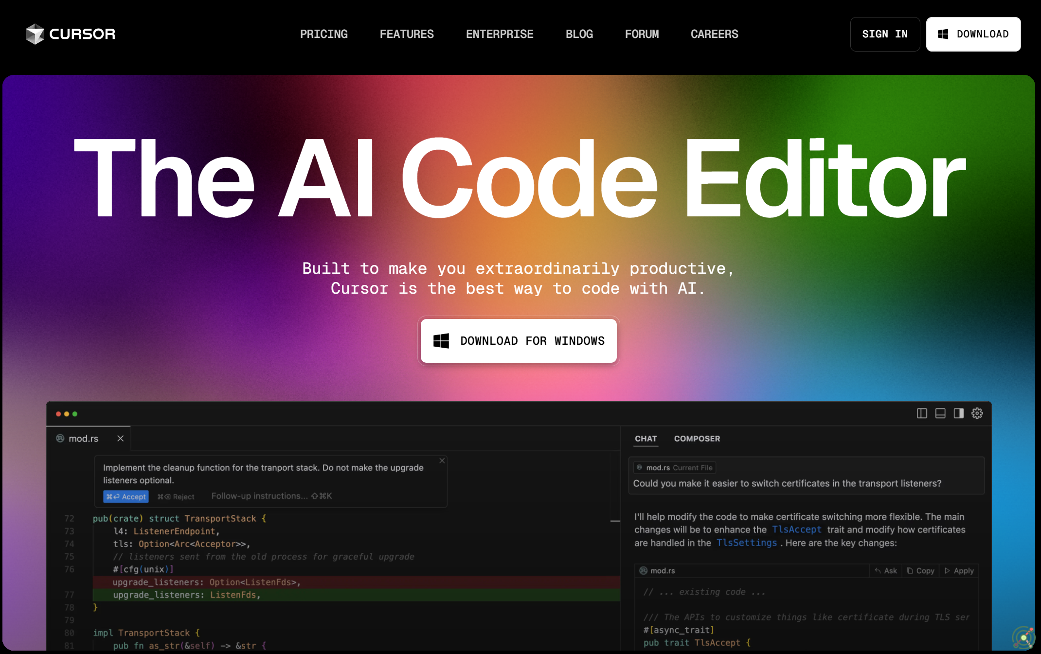 An AI-powered code editor enhancing productivity with intelligent code generation and autocompletion.