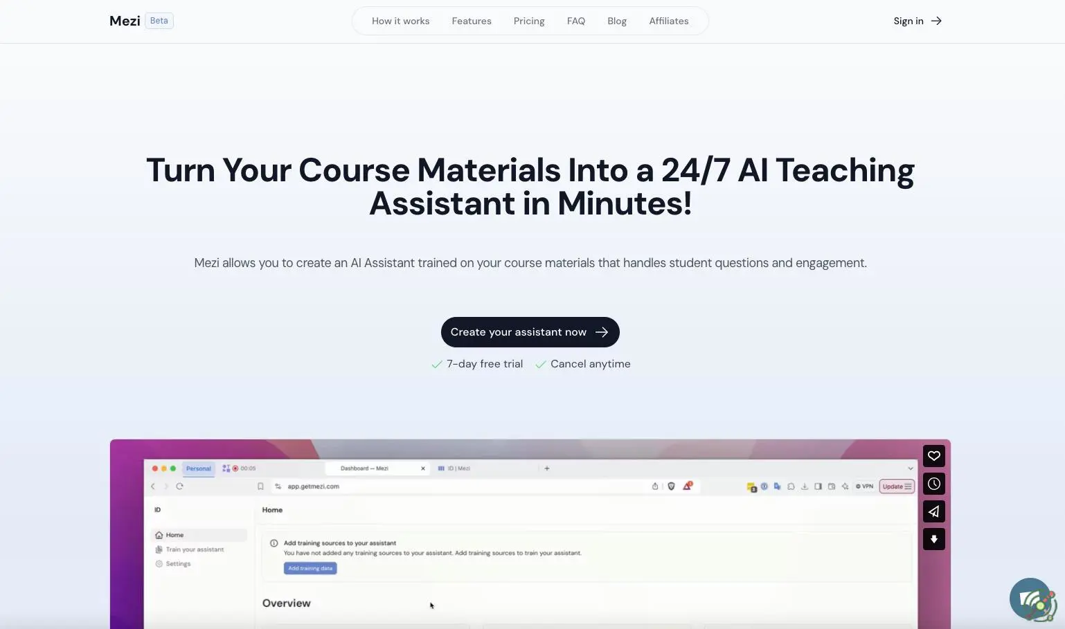 An AI-powered assistant that enables course creators to develop personalized teaching assistants, enhancing student engagement and support.