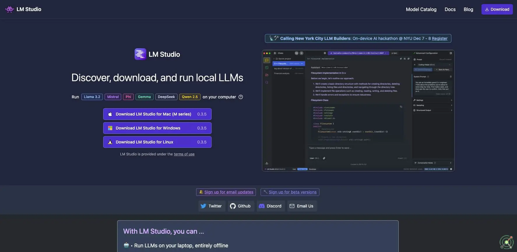 A cross-platform desktop application enabling users to discover, download, and run large language models (LLMs) locally on their devices.