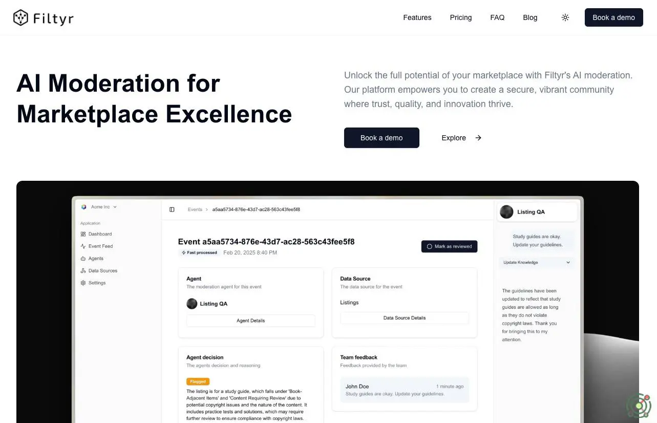 AI-driven moderation platform enhancing marketplace trust by automating content compliance and fraud prevention.