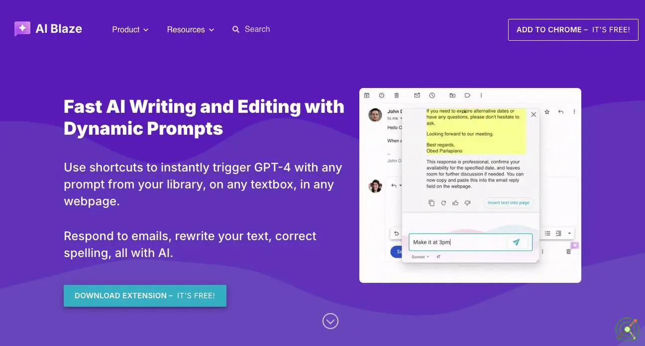 AI Blaze enhances writing with GPT prompts, enabling quick edits, translations, and tone adjustments across web platforms.