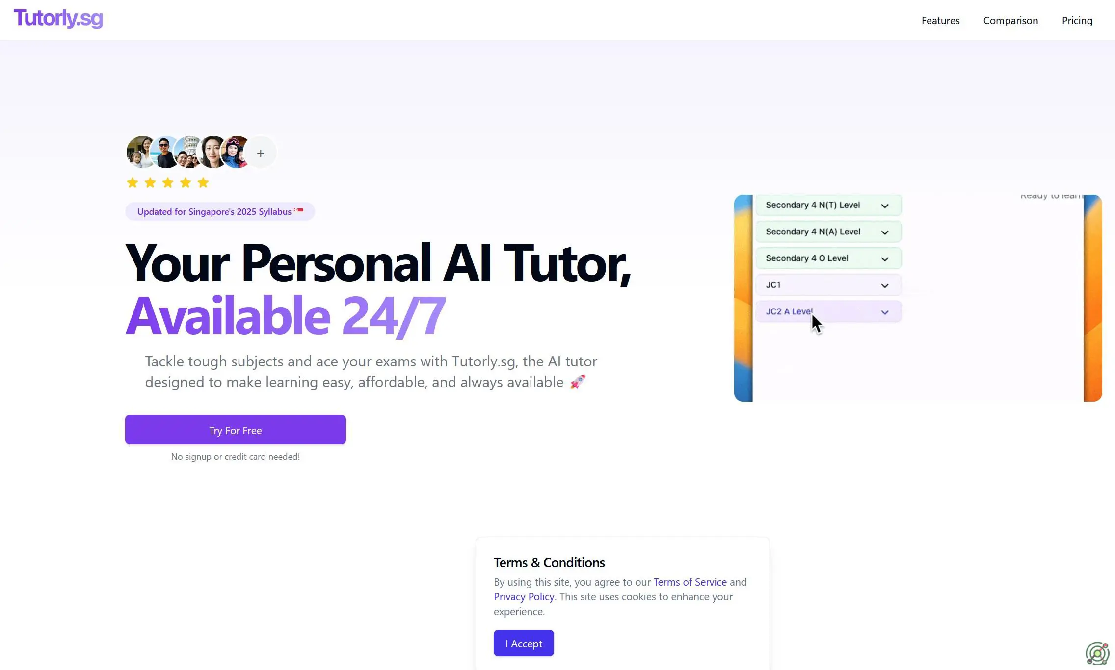 An AI-powered tutor offering 24/7 assistance for Singapore students, covering all subjects from Primary 1 to JC2.