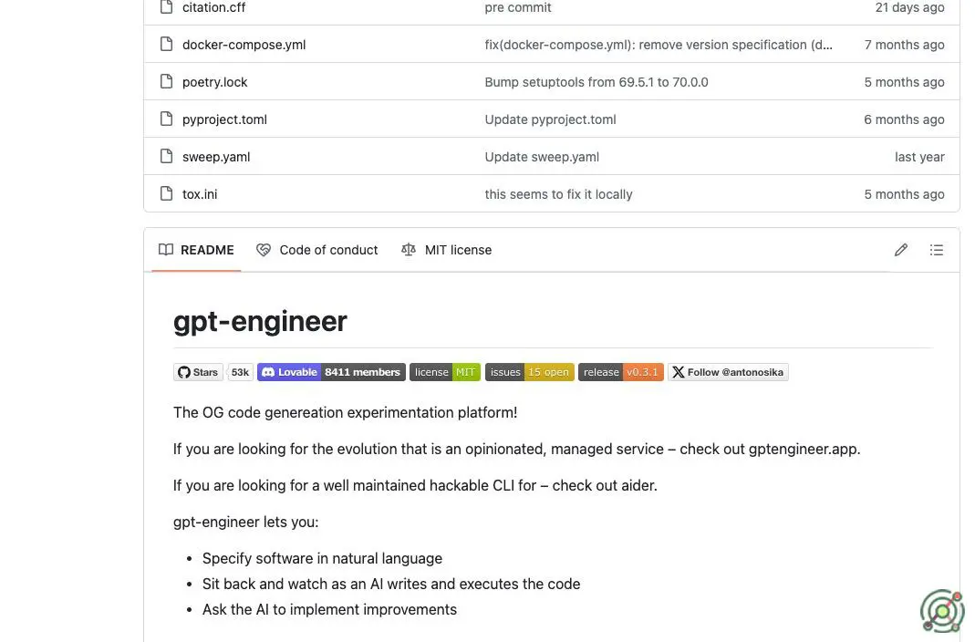 An open-source AI tool that generates codebases from user-provided project descriptions through interactive dialogues.