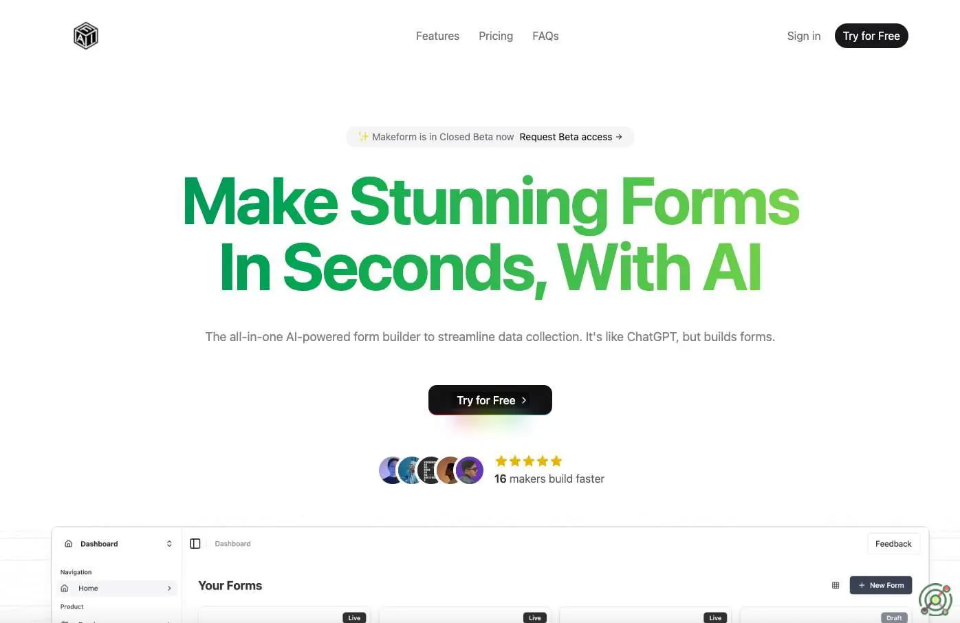 An AI-powered form builder that enables users to create surveys, quizzes, polls, and registration forms effortlessly through a conversational chat interface.