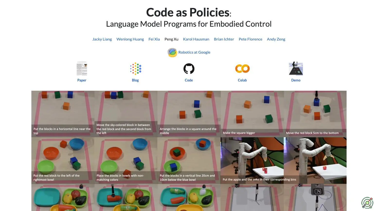 A framework utilizing language model-generated programs to enable robots to perform complex tasks through code-based policies.