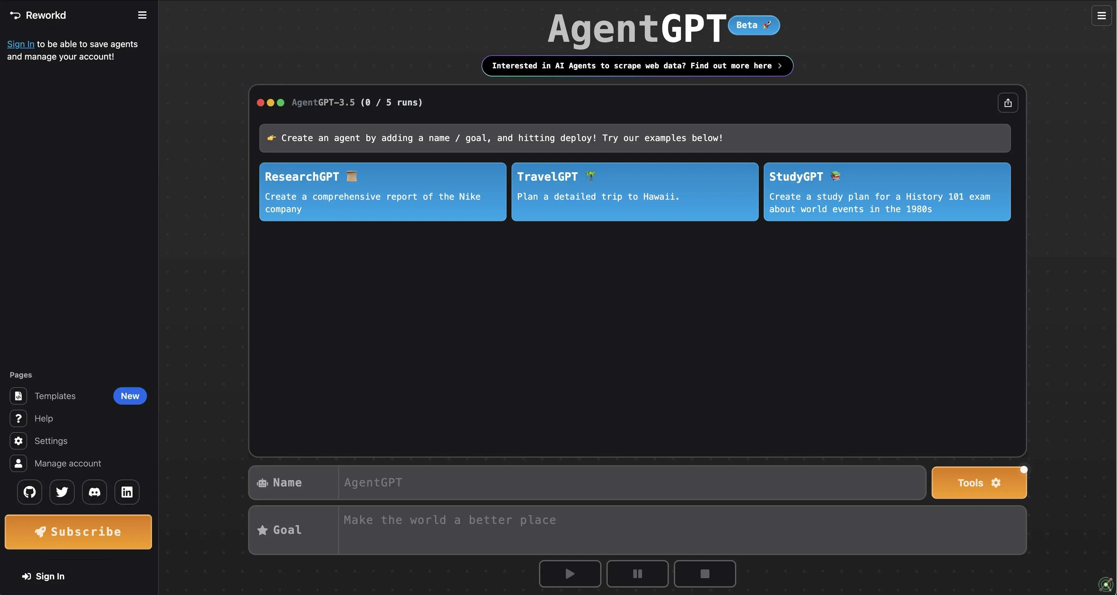 A web-based platform for deploying autonomous AI agents directly from your browser.