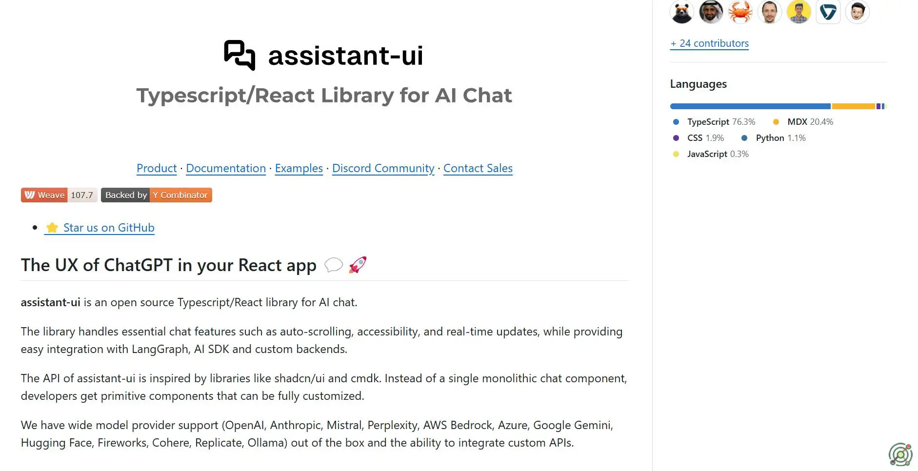 An open-source TypeScript/React library enabling developers to integrate AI chat interfaces into their applications.