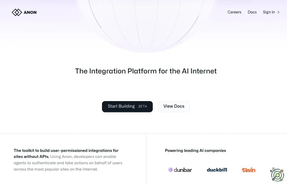 A developer platform providing secure, user-permissioned integrations for AI agents to interact with online services lacking native APIs.