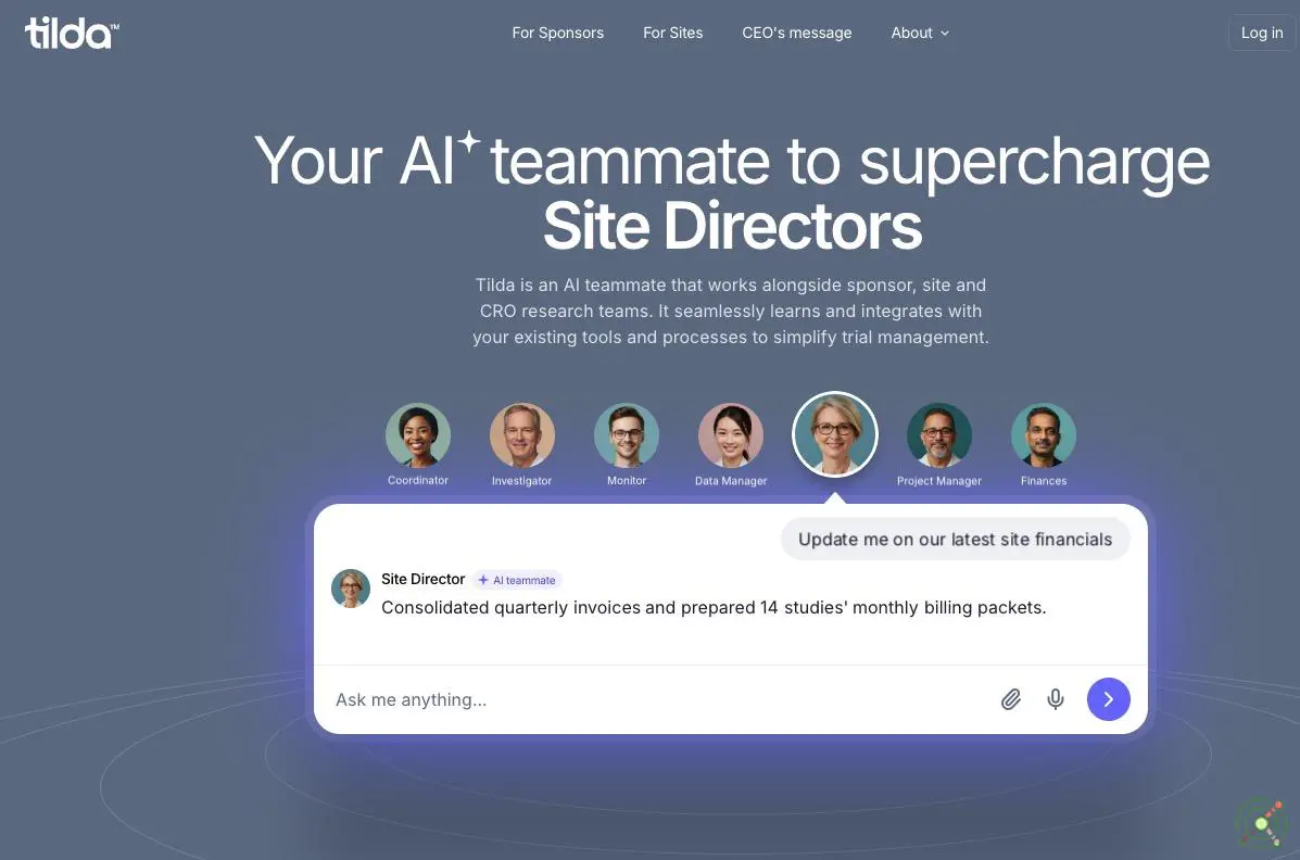 AI teammate that streamlines clinical trial management for sponsors, sites, and CROs.