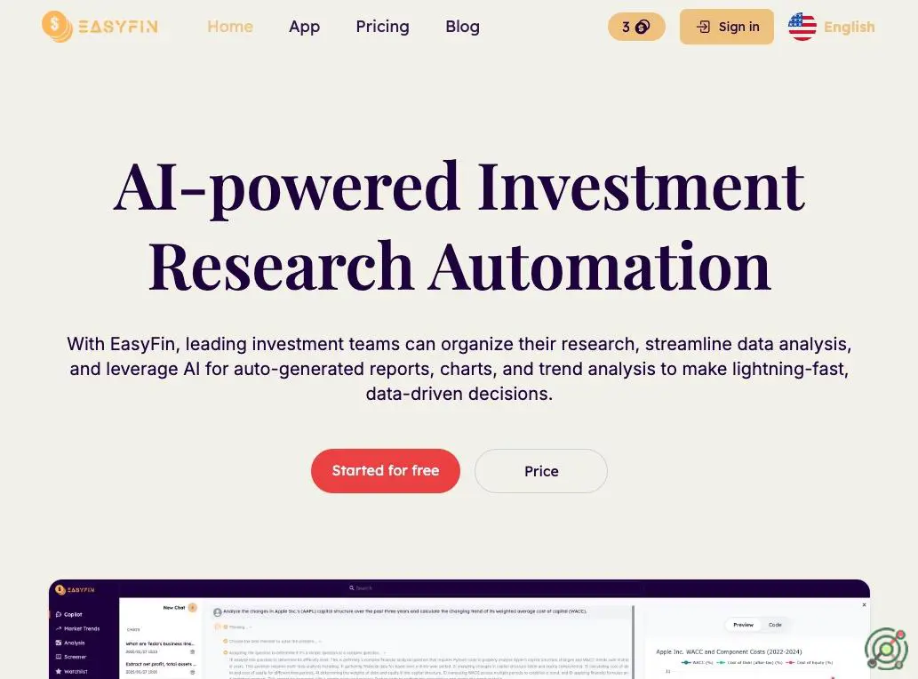 AI platform for automating financial research, offering real-time analysis and predictive insights for smarter investments.