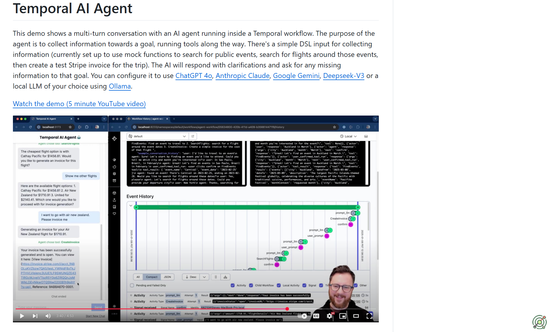 An open-source AI agent framework utilizing Temporal workflows for durable, multi-turn conversations.