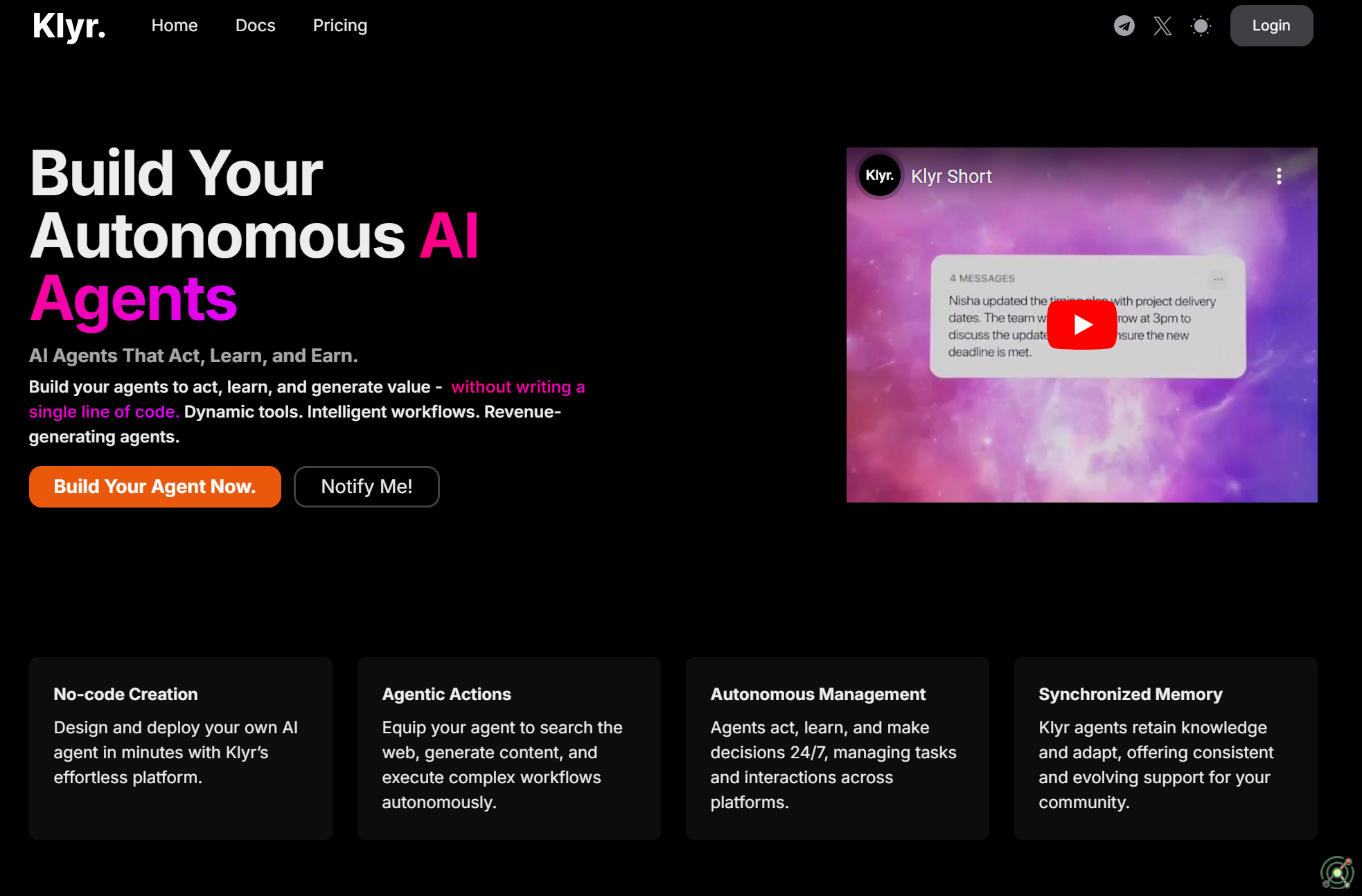 A no-code platform for building autonomous AI agents that act, learn, and generate value.