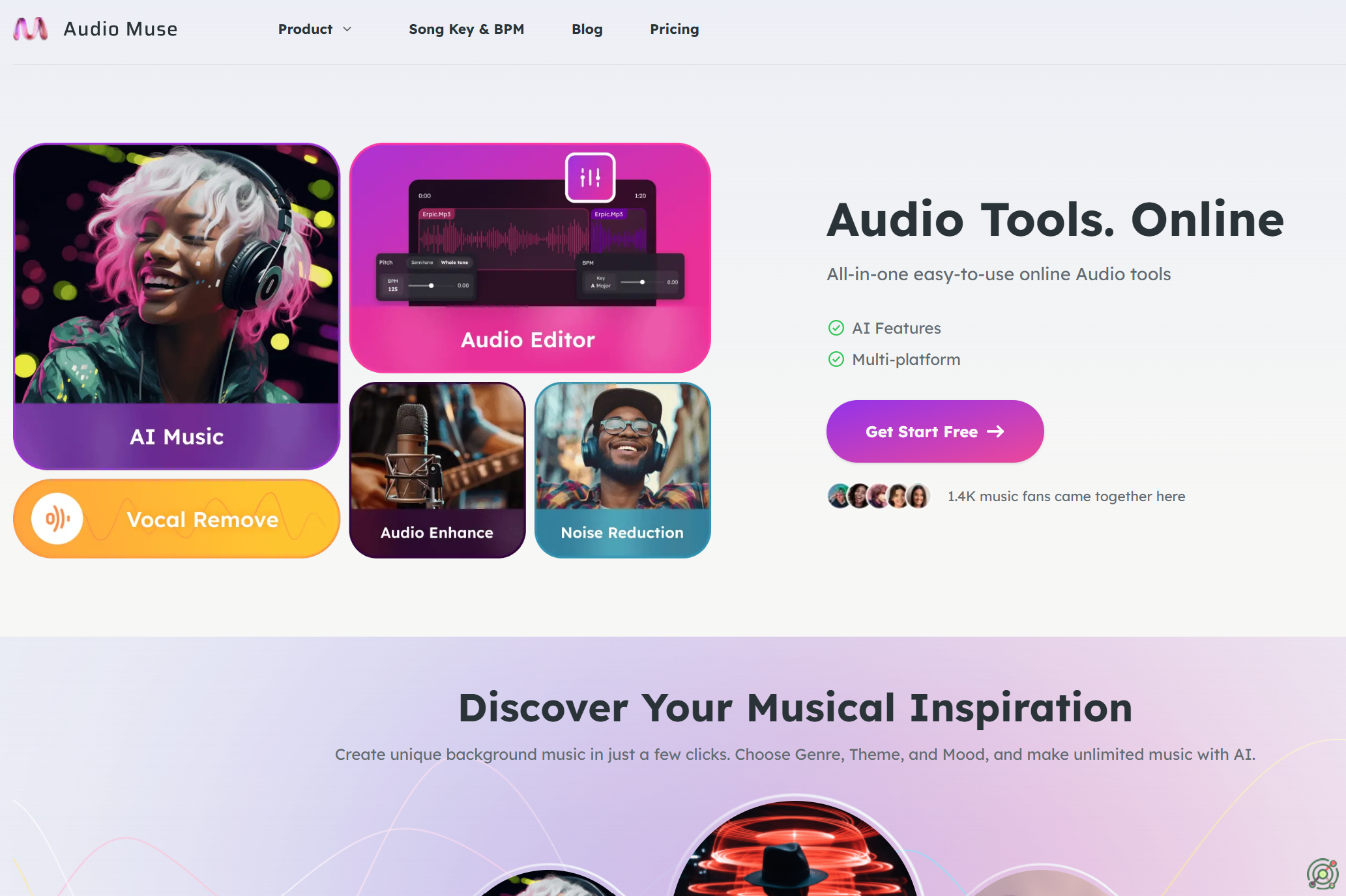 An AI-powered online platform offering a suite of audio tools, including music generation, audio enhancement, and editing capabilities.