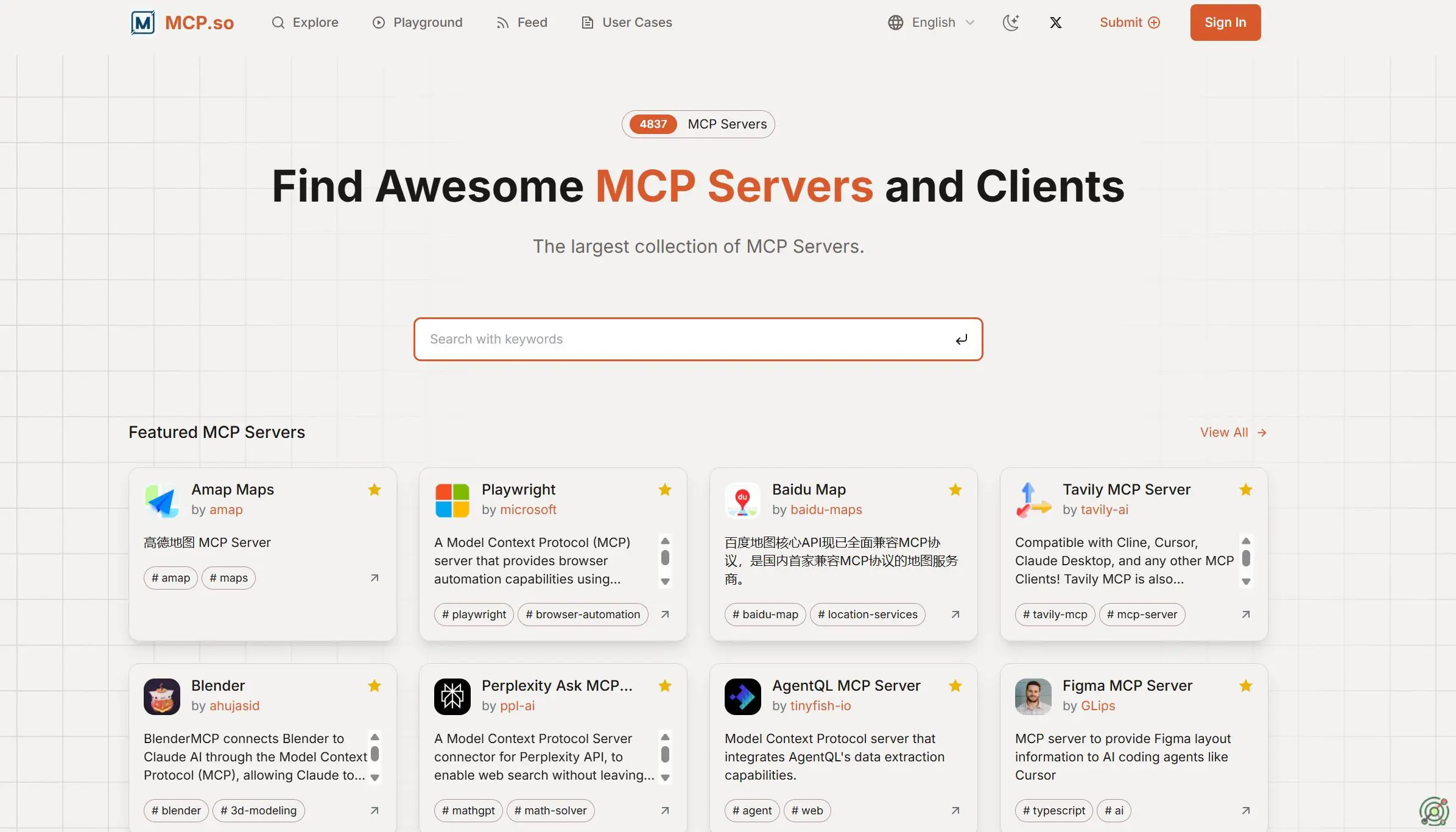 A community-driven platform collecting and organizing third-party MCP Servers for AI applications.