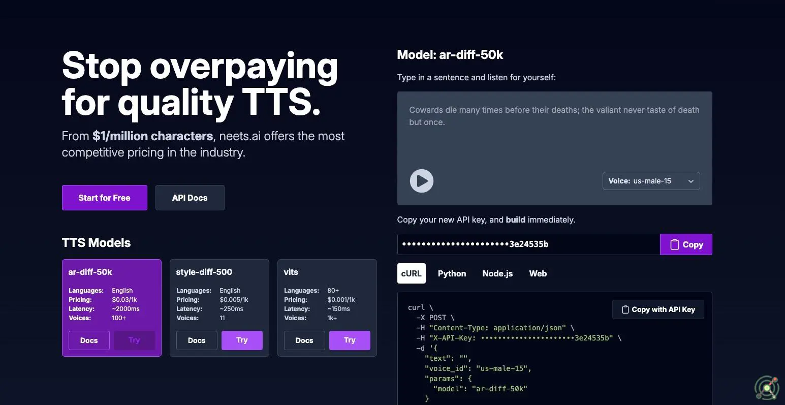 An AI-powered platform offering affordable, high-quality text-to-speech (TTS) services with support for over 80 languages and various voice models.