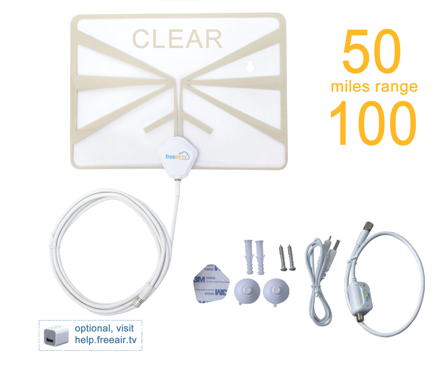 Clear HDTV Indoor Antenna by FreeAir.tv with Dual Band / VHF / UHF / Multi-directional / USB Power Supply / Detachable Cable – Super Thin, Amplified with 50-100 Miles Range and TV Guide