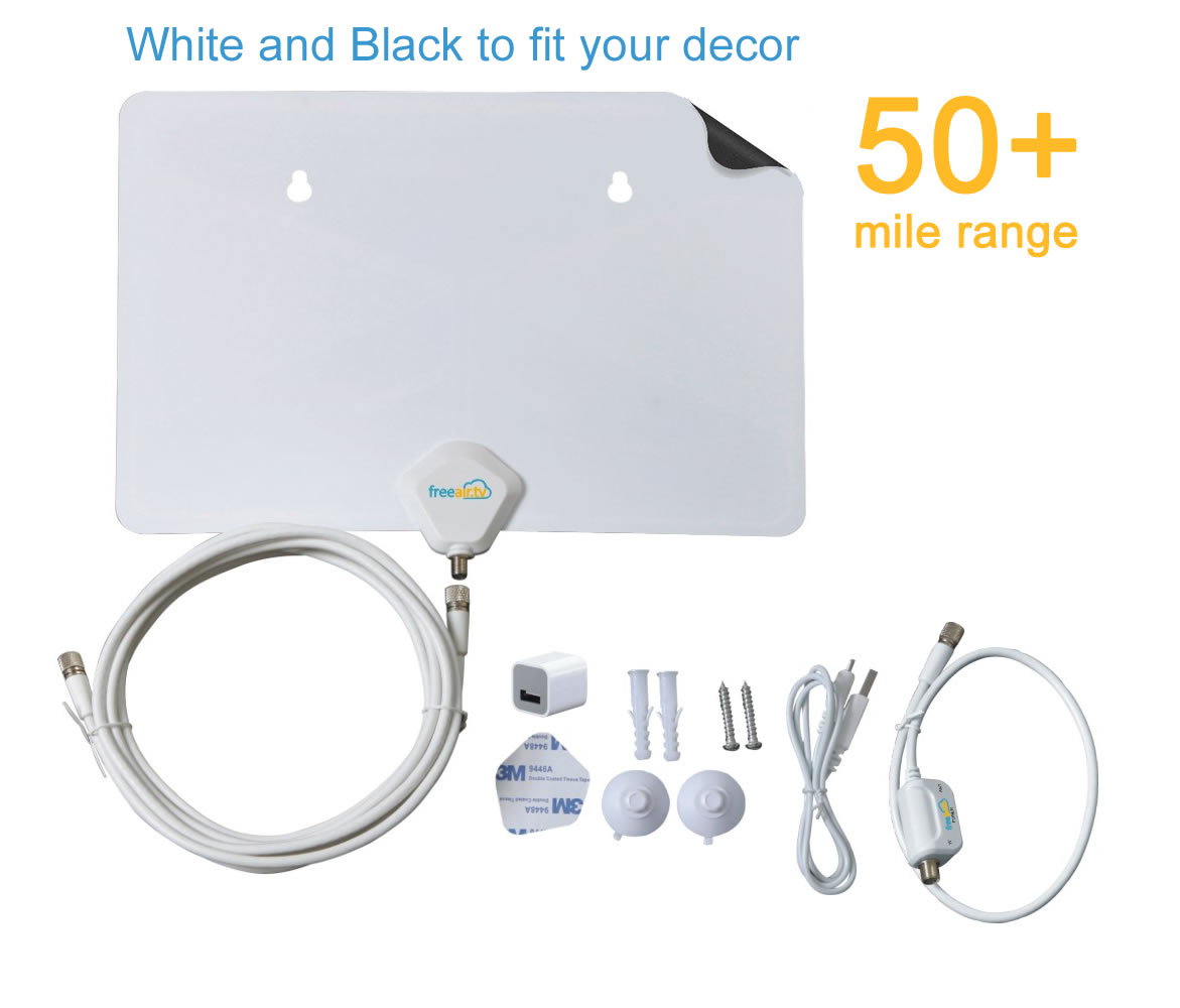 FreeAir.tv HDTV Indoor Antenna White/Black / Dual Band / VHF / UHF / Multi-directional / USB Power Supply / Detachable Cable – Super Thin, Amplified with 50+ Miles Range and TV Guide